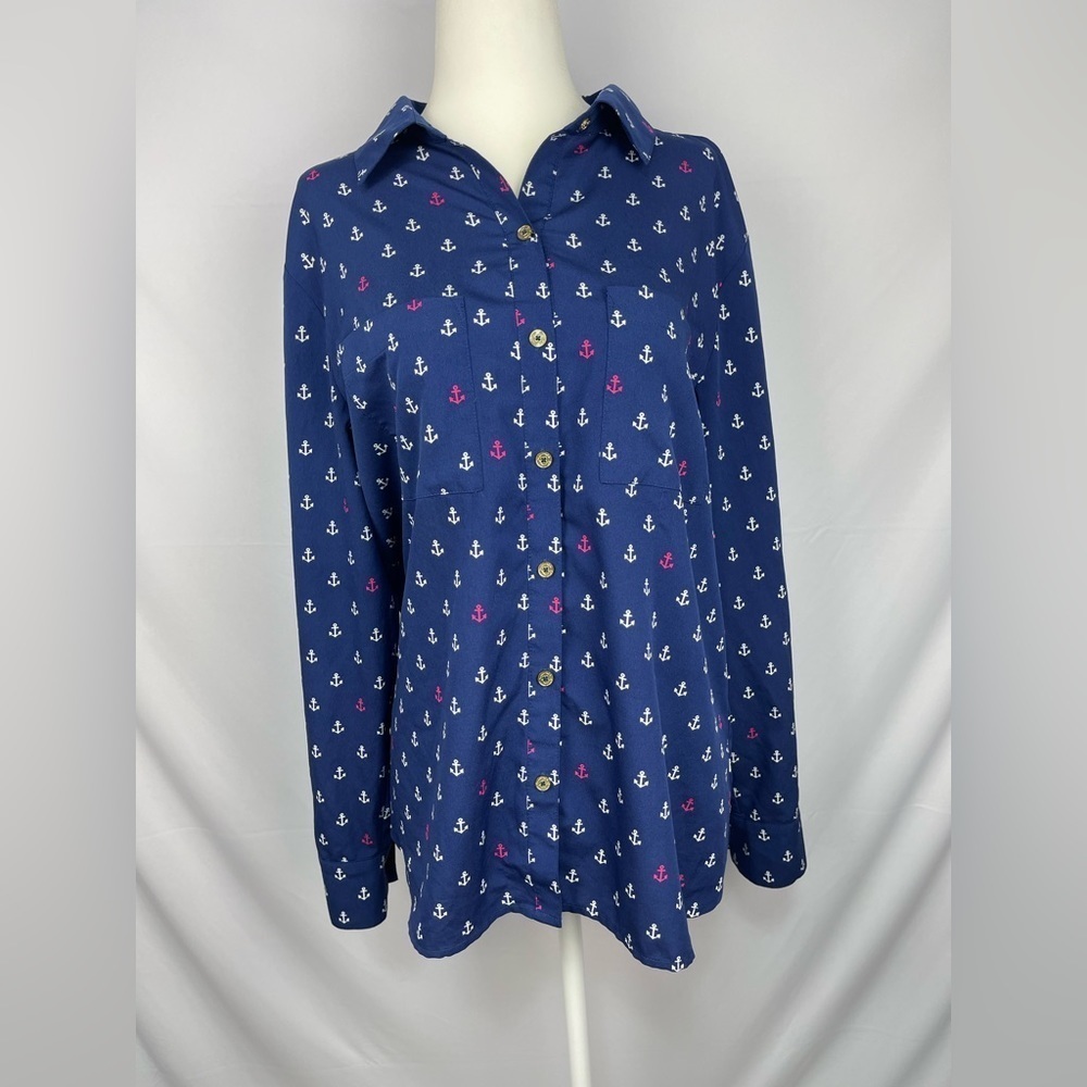 C. Wonder Anchor print navy button down blouse women’s 10 - Picture 6 of 15